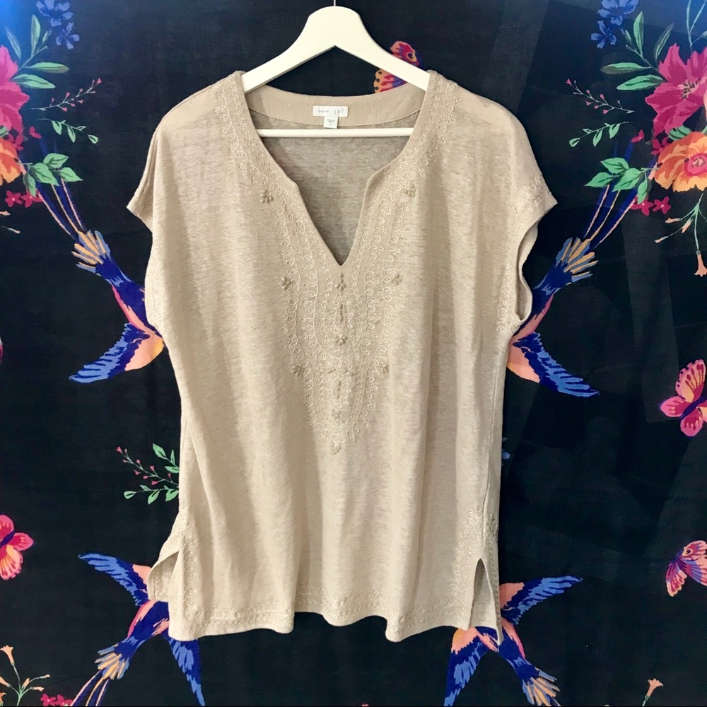 J. Jill Love Linen Top Embroidered Embellished Tee